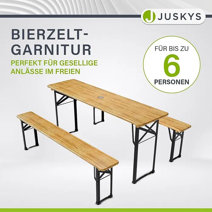 Juskys Gartenbank Bierzeltgarnitur - B x T x H: 46 x 170 x 77 cm, Braun - Bierzeltgarnitur aus Holz mit schwarzen Metallgestellen, bestehend aus einem Tisch und zwei Bänken für bis zu 6 Personen.