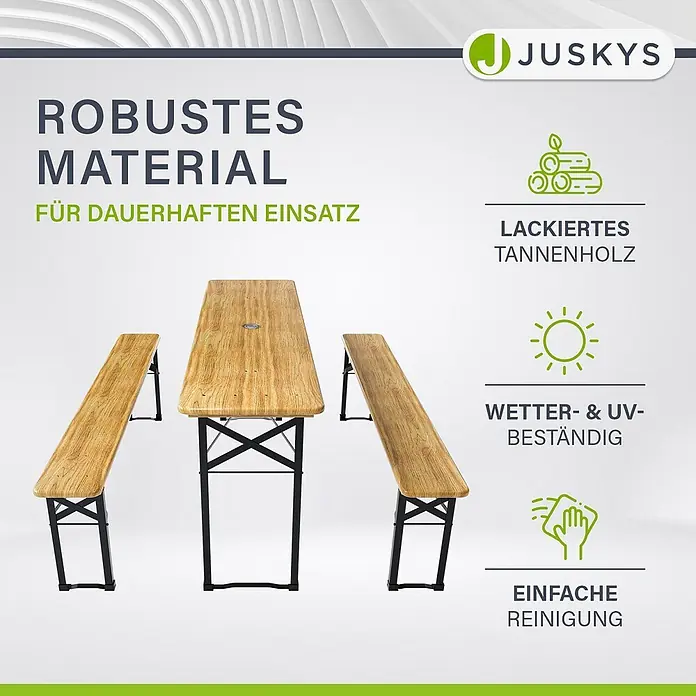 Juskys Gartenbank Bierzeltgarnitur - B x T x H: 46 x 170 x 77 cm, Braun - Klappbare Bierbankgarnitur aus lackiertem Tannenholz und schwarzem Metall, robust und wetterbeständig.