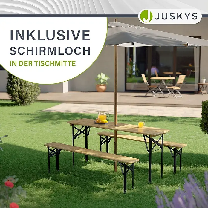 Juskys Gartenbank Bierzeltgarnitur - B x T x H: 46 x 170 x 77 cm, Braun - Holz Biergartengarnitur mit schwarzen Gestellen und Schirmloch.
