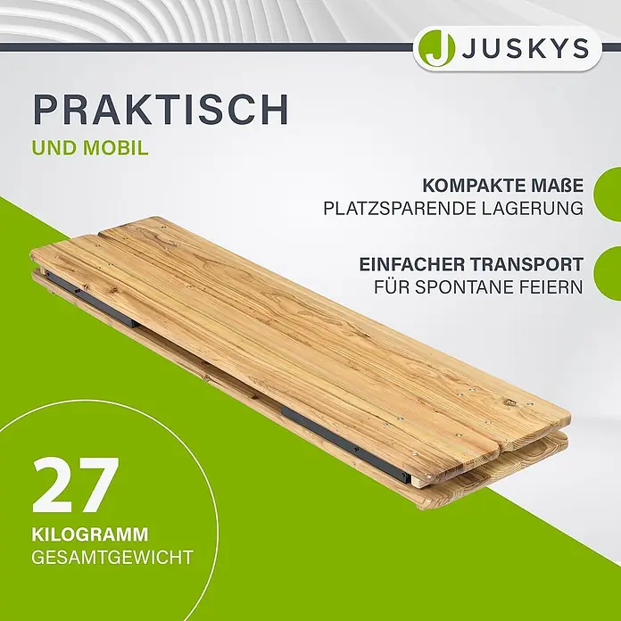 Juskys Gartenbank Bierzeltgarnitur - B x T x H: 46 x 170 x 77 cm, Braun - Zusammengeklappter Biertisch oder Bierbank aus hellem Holz mit schwarzem Metallgestell für platzsparende Lagerung.