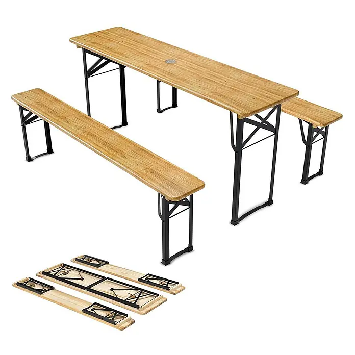 Juskys Gartenbank Bierzeltgarnitur - B x T x H: 46 x 170 x 77 cm, Braun - Klappbare Picknicktisch- und Bankgarnitur aus hellem Holz und schwarzem Metall, montiert und zusammengeklappt.