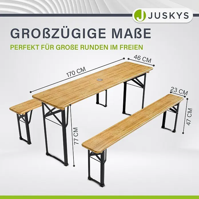 Juskys Gartenbank Bierzeltgarnitur - B x T x H: 46 x 170 x 77 cm, Braun - Klappbare Biergartengarnitur aus Holz mit zwei Bänken, Maße: Tisch 170x46x77 cm, Bank 170x23x47 cm.