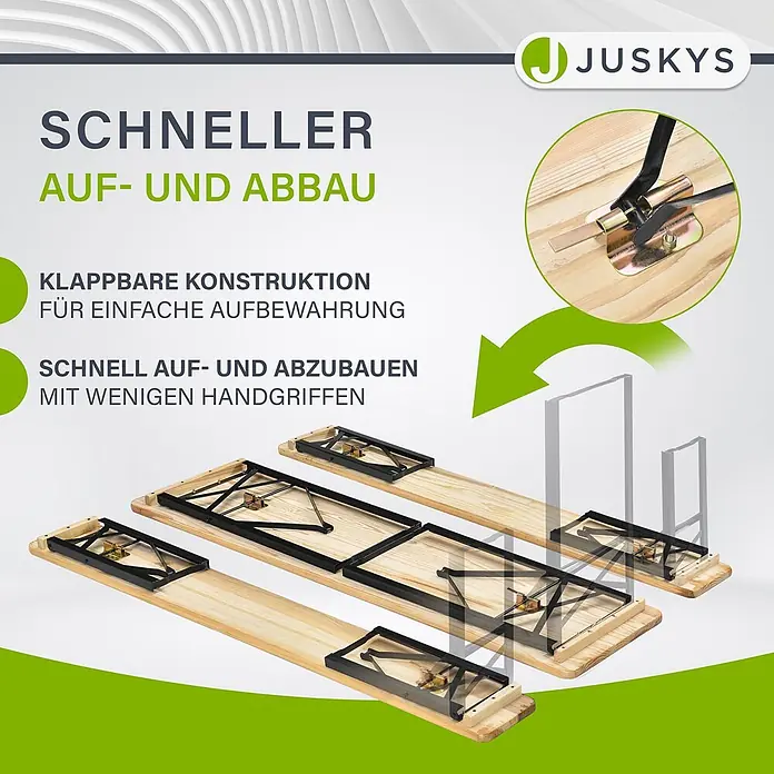Juskys Gartenbank Bierzeltgarnitur - B x T x H: 46 x 170 x 77 cm, Braun - Klappbare Tischplatten aus Holz mit schwarzen Metallbeinen, die schnellen Aufbau und platzsparende Lagerung zeigen.