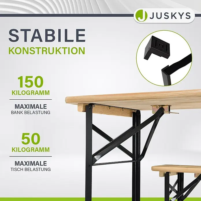 Juskys Gartenbank Bierzeltgarnitur - B x T x H: 46 x 170 x 77 cm, Braun - Holz-Biertisch und -Bank mit schwarzem Metallklappgestell, betont stabile Konstruktion und Tragfähigkeiten.
