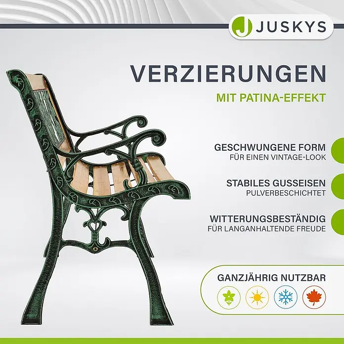 Juskys Gartenbank Gartenbank Venezia - B x T x H: 122 x 54 x 73 cm, Holz, Natur - Gartenbank im Vintage-Stil mit grünem Gusseisengestell im Patina-Effekt und hellen Holzlatten, ganzjährig nutzbar.