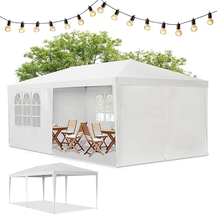 Juskys Partyzelt Gartenzelt - B x T: 300 x 600 cm, Farbe Dach: Weiß - Geräumiges weißes Partyzelt mit Fenster-Seitenwänden, Sitzgelegenheiten, hängenden Lichterketten und einem kleineren Zelt-Diagramm.