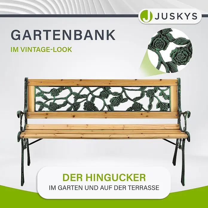 Juskys Gartenbank Gartenbank Venezia - B x T x H: 122 x 54 x 73 cm, Holz, Natur - Gartenbank im Vintage-Look mit Holzlatten und dunkelgrünem Gusseisengestell mit Rosenmotiv. Ein Hingucker für Garten und Terrasse.