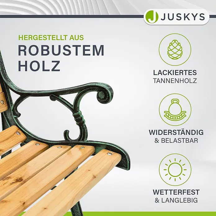 Juskys Gartenbank Gartenbank Venezia - B x T x H: 122 x 54 x 73 cm, Holz, Natur - Gartenbank mit grünem, verziertem Metallgestell und hellen, lackierten Tannenholzlatten. Robust und wetterfest.