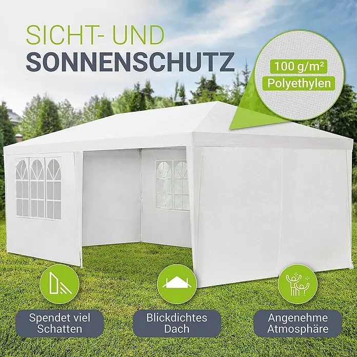 Juskys Partyzelt Gartenzelt - B x T: 300 x 600 cm, Farbe Dach: Weiß - Ein weißes Partyzelt aus 100 g/m² Polyethylen bietet Sicht- und Sonnenschutz sowie viel Schatten für eine angenehme Atmosphäre im Garten.