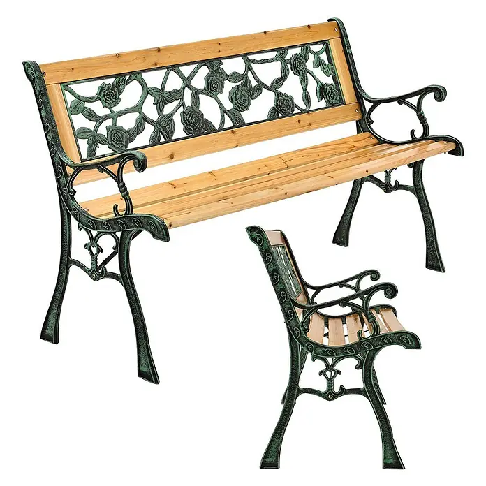 Juskys Gartenbank Gartenbank Venezia - B x T x H: 122 x 54 x 73 cm, Holz, Natur - Gartenbank mit hellen Holzlatten und dunkelgrünem, verziertem Metallgestell mit Rosenmuster.