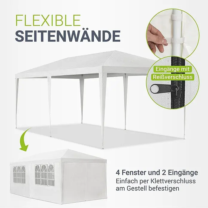 Juskys Partyzelt Gartenzelt - B x T: 300 x 600 cm, Farbe Dach: Weiß - Weißes Partyzelt mit flexiblen Seitenwänden, 4 Fenstern und 2 Reißverschluss-Eingängen, per Klettverschluss am Gestell befestigbar.