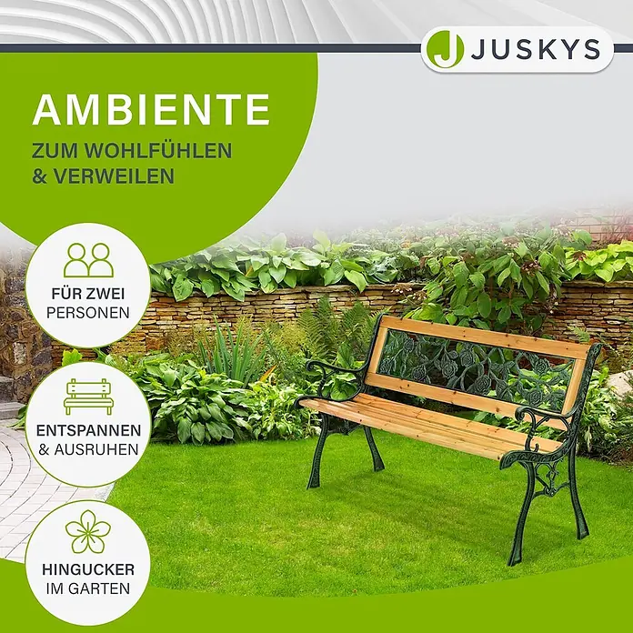 Juskys Gartenbank Gartenbank Venezia - B x T x H: 122 x 54 x 73 cm, Holz, Natur - Zweisitzige Gartenbank aus Holz mit dunklem, dekorativem Metallrahmen in einem grünen Garten.