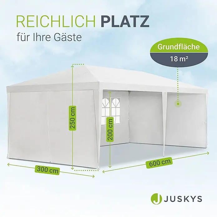 Juskys Partyzelt Gartenzelt - B x T: 300 x 600 cm, Farbe Dach: Weiß - Weißes Festzelt, 600x300 cm (18 m²), 250 cm Firsthöhe und 200 cm Seitenhöhe, bietet reichlich Platz für Gäste.