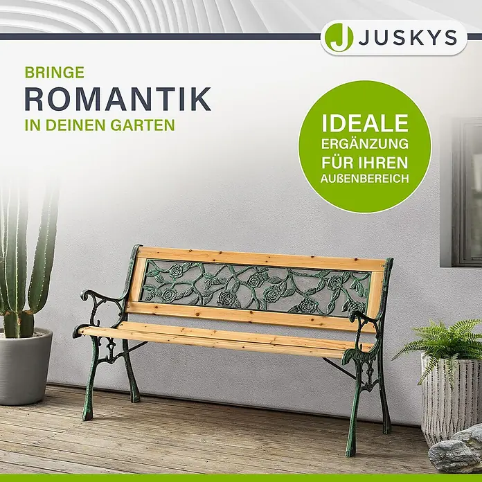 Juskys Gartenbank Gartenbank Venezia - B x T x H: 122 x 54 x 73 cm, Holz, Natur - Gartenbank mit hellen Holzlatten und dunkelgrünem Gusseisengestell mit Rosenmotiven, für den Außenbereich.