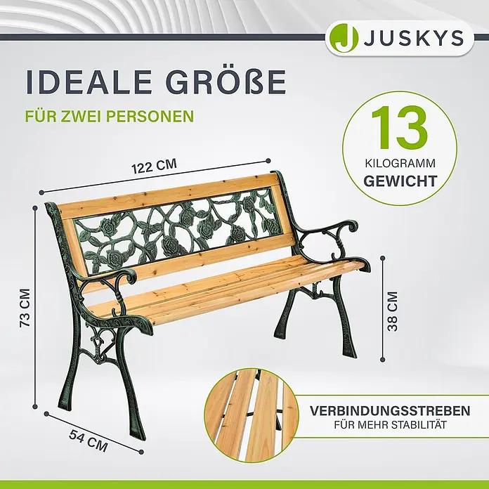 Juskys Gartenbank Gartenbank Venezia - B x T x H: 122 x 54 x 73 cm, Holz, Natur - Eine 122 cm lange Gartenbank aus Holz mit verziertem grünem Metallgestell und Verbindungsstreben für Stabilität, ideal für zwei Personen.