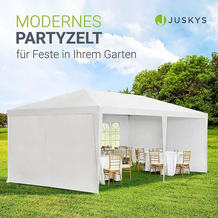 Juskys Partyzelt Gartenzelt - B x T: 300 x 600 cm, Farbe Dach: Weiß - Ein geräumiges weißes Partyzelt mit Seitenwänden, im Freien aufgestellt, mit Tischen und Stühlen darin für eine Veranstaltung.