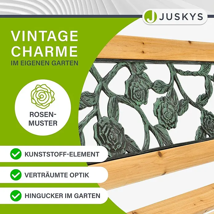 Juskys Gartenbank Gartenbank Venezia - B x T x H: 122 x 54 x 73 cm, Holz, Natur - Nahaufnahme einer Gartenbank mit Holzlatten und einem verzierten grünen Rückenlehnen-Element aus Kunststoff mit Rosenmuster.