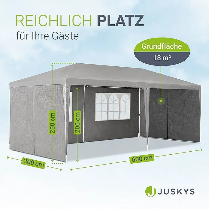 Juskys Partyzelt Gartenzelt - B x T: 300 x 600 cm, Farbe Dach: grau - Graues Partyzelt mit Maßen 600x300 cm und 18 m² Grundfläche, bietet viel Platz.