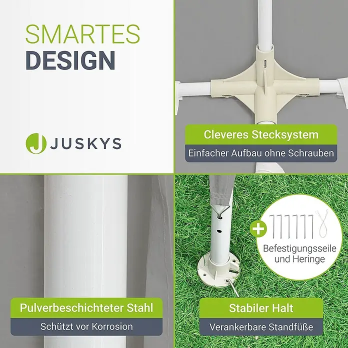 Juskys Partyzelt Gartenzelt - B x T: 300 x 600 cm, Farbe Dach: grau - Modulares weißes Zeltgestell mit einfachen Verbindern, pulverbeschichteten Stahlstangen und verankerbaren Füßen für Stabilität.