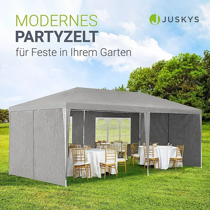 Juskys Partyzelt Gartenzelt - B x T: 300 x 600 cm, Farbe Dach: grau - Geräumiges graues Partyzelt mit Tischen und Stühlen, im Garten für Feste aufgebaut.