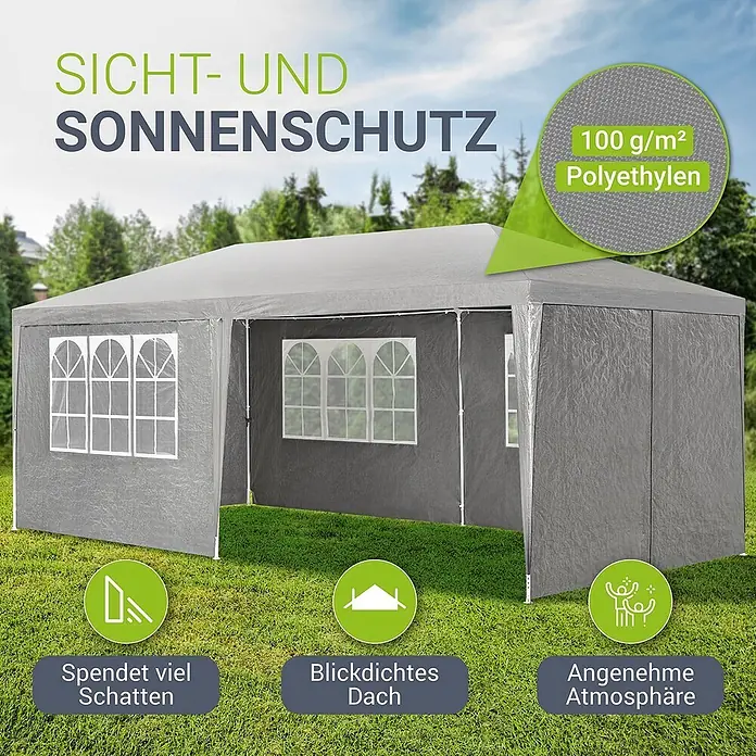 Juskys Partyzelt Gartenzelt - B x T: 300 x 600 cm, Farbe Dach: grau - Graues Partyzelt aus 100 g/m² Polyethylen für Sicht- und Sonnenschutz.