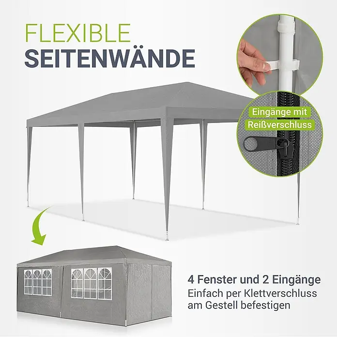 Juskys Partyzelt Gartenzelt - B x T: 300 x 600 cm, Farbe Dach: grau - Graues Festzelt mit flexiblen Seitenwänden. Es zeigt Reißverschluss-Eingänge, Fenster und Klettverschluss-Befestigung.