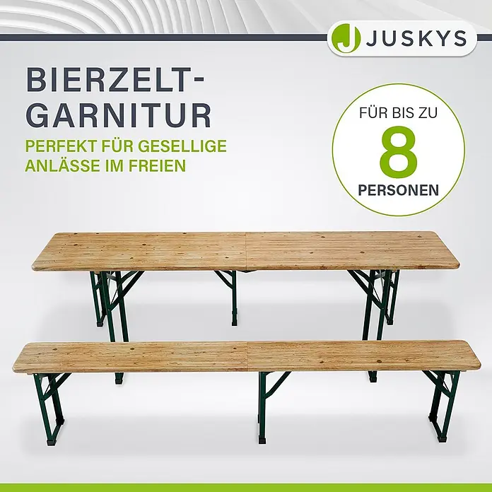 Juskys Gartenbank Bierzeltgarnitur - B x T x H: 50 x 220 x 77 cm, Braun - Bierzeltgarnitur aus Holz mit grünem Metallgestell, bestehend aus Tisch und zwei Bänken, für bis zu 8 Personen.