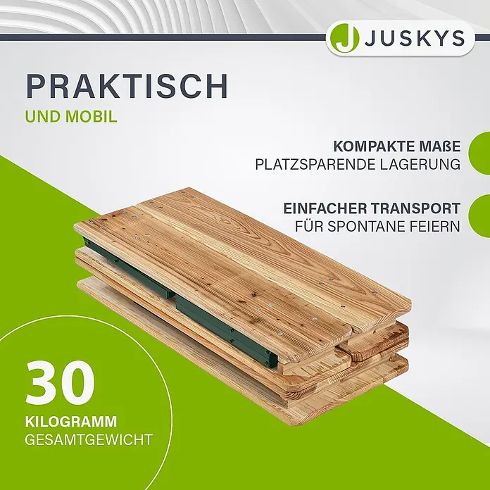 Juskys Gartenbank Bierzeltgarnitur - B x T x H: 50 x 220 x 77 cm, Braun - Geklappter Biergartentisch oder Bank aus Holz mit grünen Metallscharnieren zur kompakten Lagerung.