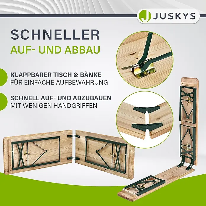 Juskys Gartenbank Bierzeltgarnitur - B x T x H: 50 x 220 x 77 cm, Braun - Klappbarer Biertisch und Bänke aus Holz mit grünen Metallgestellen, für schnellen Auf- und Abbau und einfache Lagerung.