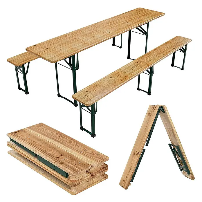 Juskys Gartenbank Bierzeltgarnitur - B x T x H: 50 x 220 x 77 cm, Braun - Biergartentisch und zwei Bänke aus Holz mit grünen Klappbeinen, aufgebaut und gefaltet gezeigt.