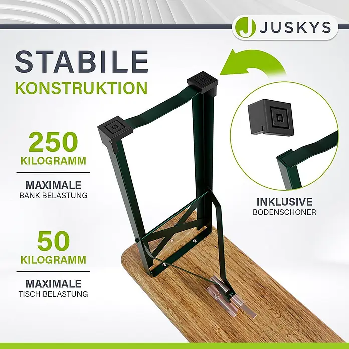 Juskys Gartenbank Bierzeltgarnitur - B x T x H: 50 x 220 x 77 cm, Braun - Dunkelgrünes Metallgestell einer klappbaren Bierbank/Tisch mit Holzplatte und schwarzen Bodenschonern. Betont Stabilität und Tragfähigkeit.