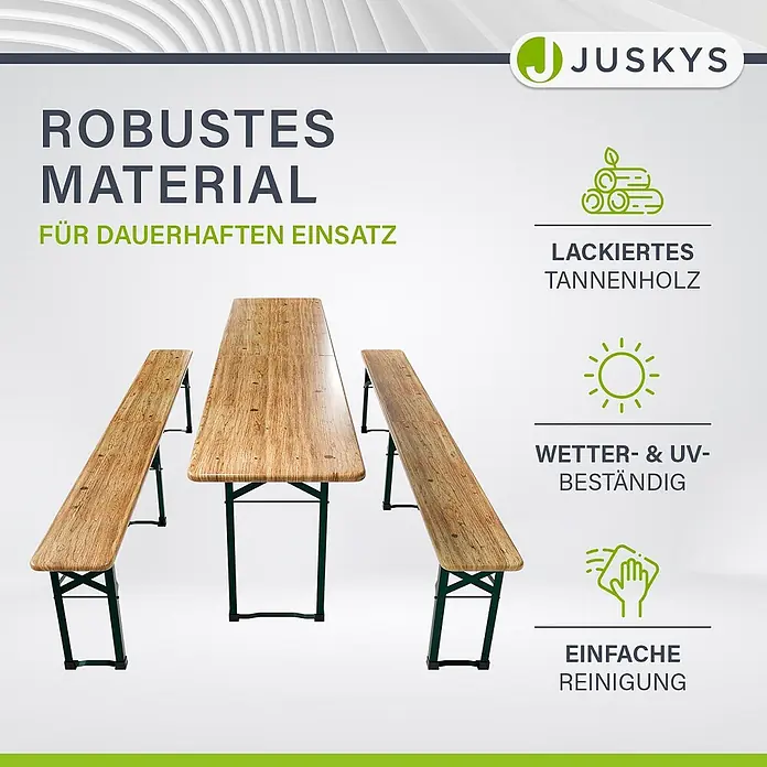 Juskys Gartenbank Bierzeltgarnitur - B x T x H: 50 x 220 x 77 cm, Braun - Robuste Biergartengarnitur aus lackiertem Tannenholz mit Tisch und zwei Bänken, wetter- & UV-beständig.