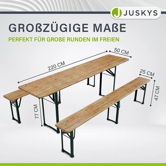 Juskys Gartenbank Bierzeltgarnitur - B x T x H: 50 x 220 x 77 cm, Braun - Juskys Biergartengarnitur aus Holz: Tisch 220x50x77 cm, zwei Bänke 220x25x47 cm, mit grünen Gestellen für draußen.