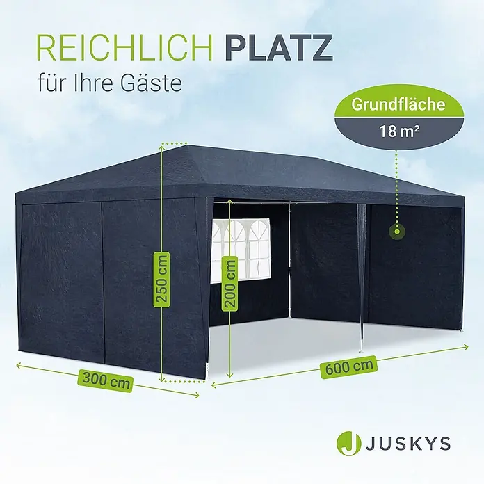 Juskys Partyzelt Gartenzelt - B x T: 300 x 600 cm, Farbe Dach: Blau - Dunkelgraues Partyzelt, 600x300 cm (18 m²) mit Fenster und abnehmbaren Seitenwänden, 200/250 cm Höhe.
