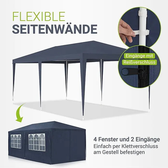 Juskys Partyzelt Gartenzelt - B x T: 300 x 600 cm, Farbe Dach: Blau - Dunkelblaues Partyzelt mit flexiblen Seitenwänden, Reißverschluss-Eingängen, Fenstern und Klettverschlussbefestigung am Gestell.