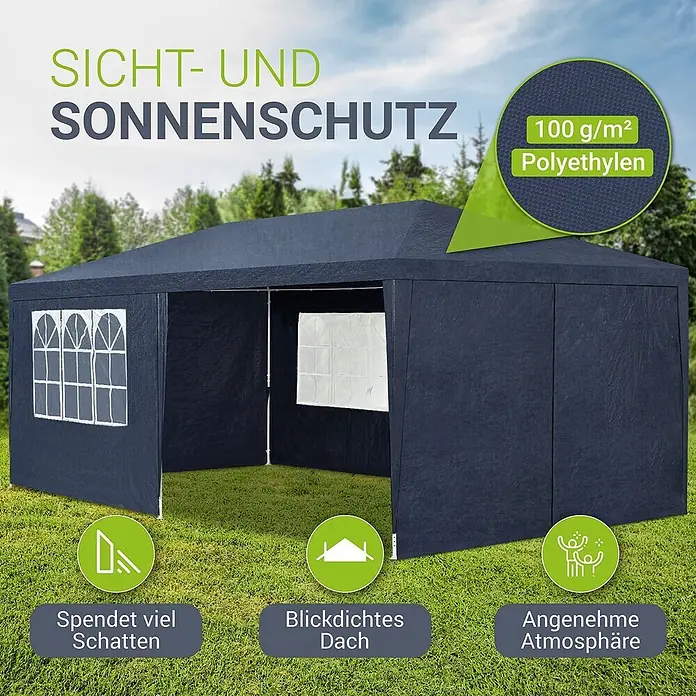 Juskys Partyzelt Gartenzelt - B x T: 300 x 600 cm, Farbe Dach: Blau - Dunkelgrauer Partyzelt aus 100 g/m² Polyethylen, bietet Sicht- und Sonnenschutz auf einer Wiese.