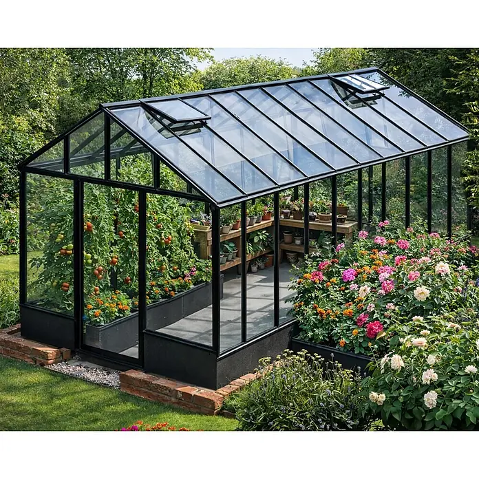 Bloomcabin Gewächshaus Aluminium für die Wandbasis - Außenmaß inkl. Dachüberstand (B x T): 309 x 608 cm, Material Seitenwand: Glas, 4 mm, Schwarz - Ein schwarz gerahmtes Gewächshaus aus Glas in einem Garten, mit Tomatenpflanzen und Blumen innen und außen.