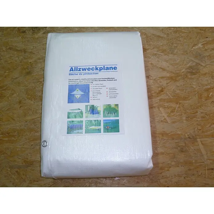 Aquagart Abdeckplane 260 4m x 6m Gewebeplane Abdeckplane - L x B: 4 x 6 m - Gefaltete weiße Polyethylen-Mehrzweckplane mit Etikett und Öse auf Holzuntergrund.