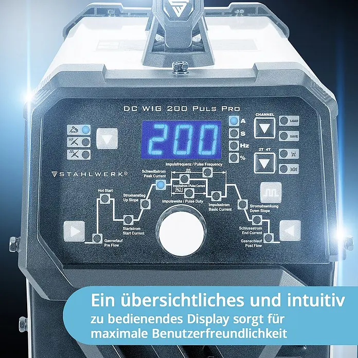 STAHLWERK Kombi-Schweißgerät Kombi-Schweißgerät DC WIG 200 Puls Pro Vollausstattung 2 in 1 - Schweißstrom: 200 A - Bedienfeld einer dunkelgrauen Schweißmaschine mit blauer Digitalanzeige '200' und Einstellungen für Impulsschweißen.