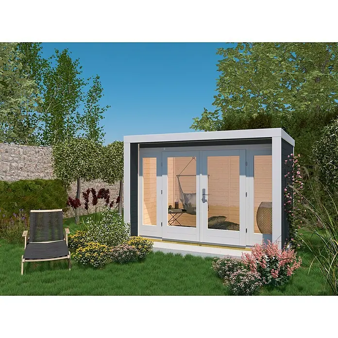 Weka Gartenhaus 263 - Außenmaß inkl. Dachüberstand (B x T): 305 x 316 cm, Holz, Anthrazit, Weiß, 8,7 m² - Gartenansicht mit modernem Gartenhaus, das sich perfekt in die grüne Umgebung einfügt und einen stilvollen Rückzugsort bietet.