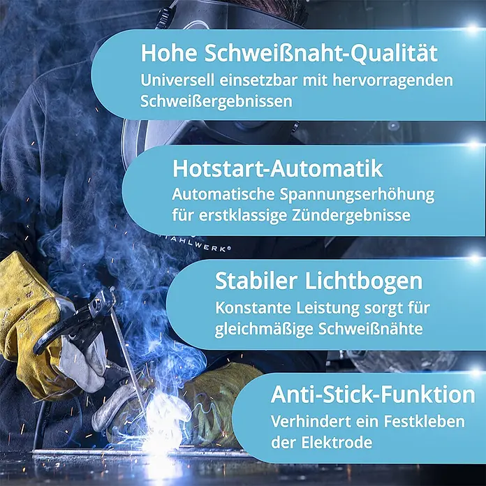STAHLWERK Kombi-Schweißgerät ARC 200 Synergic Pro MMA Lift TIG - Schweißstrom: 200 A - Schweißer beim Lichtbogenschweißen. Hohe Schweißnaht-Qualität, Hotstart, stabiler Lichtbogen, Anti-Stick-Funktion.