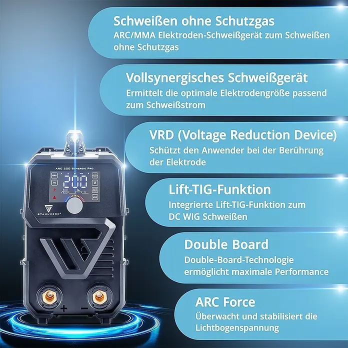 STAHLWERK Kombi-Schweißgerät ARC 200 Synergic Pro MMA Lift TIG - Schweißstrom: 200 A - Ein schwarzes Stahlwerk ARC 200 Synergic Pro Schweißgerät mit digitaler Anzeige von '200 A' und Bedienknöpfen.