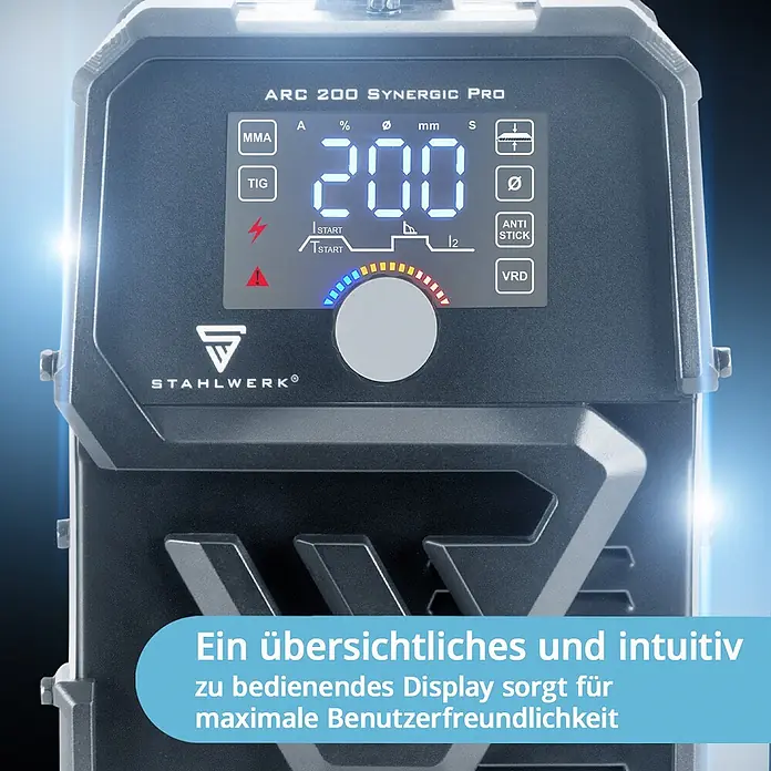 STAHLWERK Kombi-Schweißgerät ARC 200 Synergic Pro MMA Lift TIG - Schweißstrom: 200 A - Display einer schwarzen STAHLWERK ARC 200 SYNERGIC PRO Schweißmaschine, zeigt 200 A und Betriebsmodi MMA/TIG mit Drehregler.