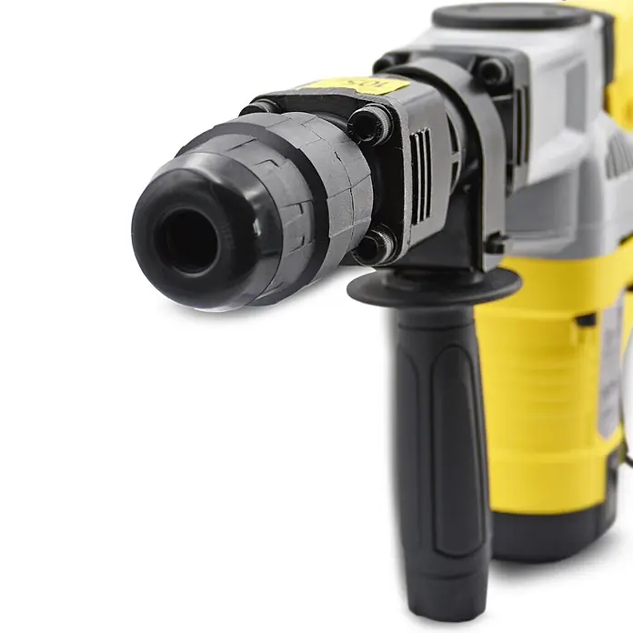Bamato Abbruchhammer STH-155 - 1.300 W, 20 J, SDS-Max-Aufnahme - Nahaufnahme eines gelb-schwarzen Bohrhammers mit Zusatzhandgriff, der das vordere Bohrfutter und das Gehäuse zeigt.