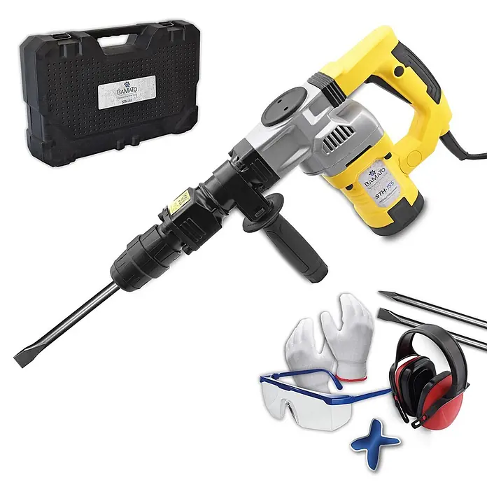 Bamato Abbruchhammer STH-155 - 1.300 W, 20 J, SDS-Max-Aufnahme - Gelb-silberner Abbruchhammer-Kit mit schwarzem Koffer, zwei Meißeln, Schutzhandschuhen, Brille und Gehörschutz.