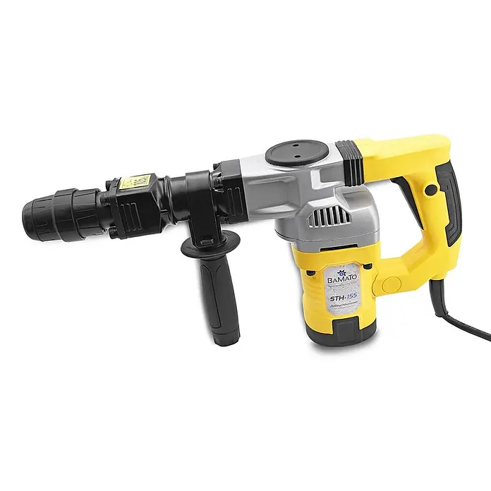 Bamato Abbruchhammer STH-155 - 1.300 W, 20 J, SDS-Max-Aufnahme - Gelber und schwarzer Abbruchhammer mit silbergrauem Mittelteil und Zusatzhandgriff. Ein leistungsstarkes Elektrowerkzeug.