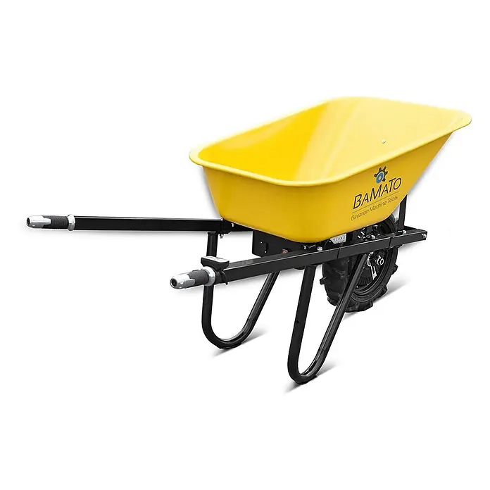 Bamato Akku-Schubkarre MTR-150 - 500 W, Traglast: 150 kg - Gelbe Elektro-Schubkarre mit schwarzen Griffen, Rahmen und Rad.