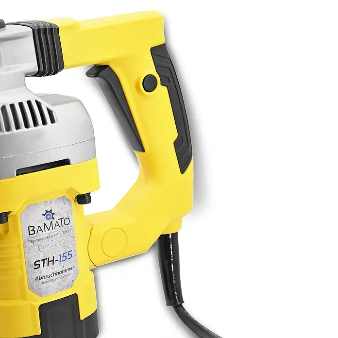 Bamato Abbruchhammer STH-155 - 1.300 W, 20 J, SDS-Max-Aufnahme - Gelber und silberner Abbruchhammer mit schwarzen Akzenten und Abzugshebel. Er trägt ein Etikett mit der Aufschrift 'BAMATO STH-155'.