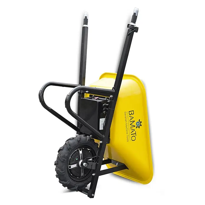 Bamato Akku-Schubkarre MTR-150 - 500 W, Traglast: 150 kg - Gelbe Elektro-Schubkarre mit schwarzem Rahmen, angetriebenem Rad und Akku.