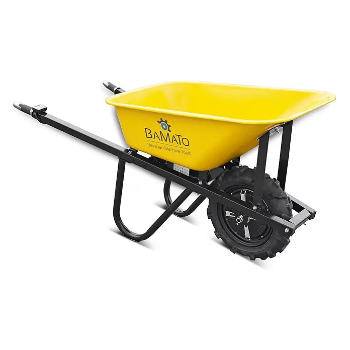 Bamato Akku-Schubkarre MTR-150 - 500 W, Traglast: 150 kg - Gelbe und schwarze Elektro-Schubkarre mit großem angetriebenen Rad und ergonomischen Griffen.